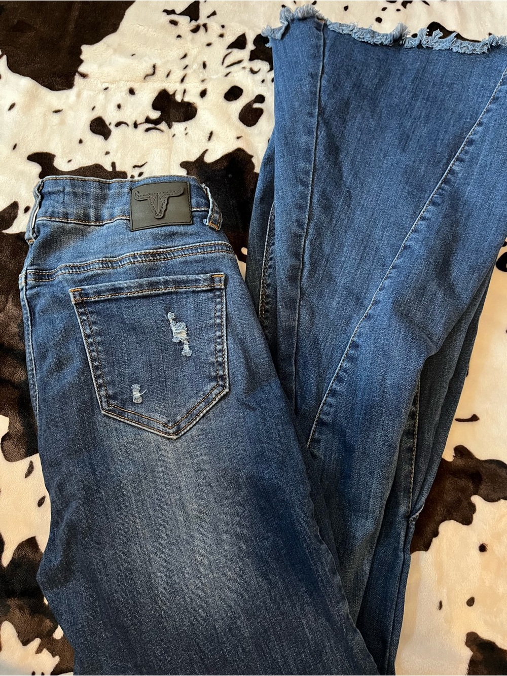 Dark Blue Flare Jeans with Frayed Hem - Unbranded